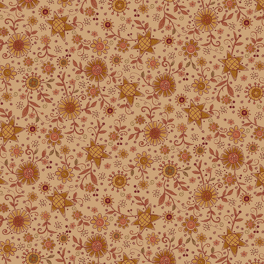 Oak & Maple by Janet Nesbitt Tan Stars Flowers Toss # 3292-33