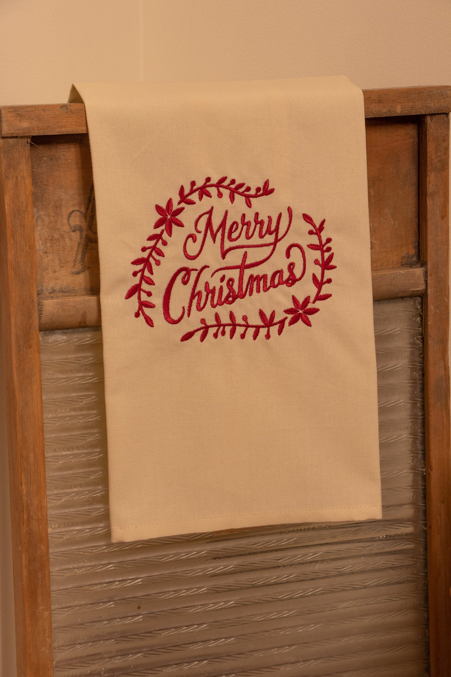 Primitive Farmhouse Embroidered Christmas Towel Item #1002
