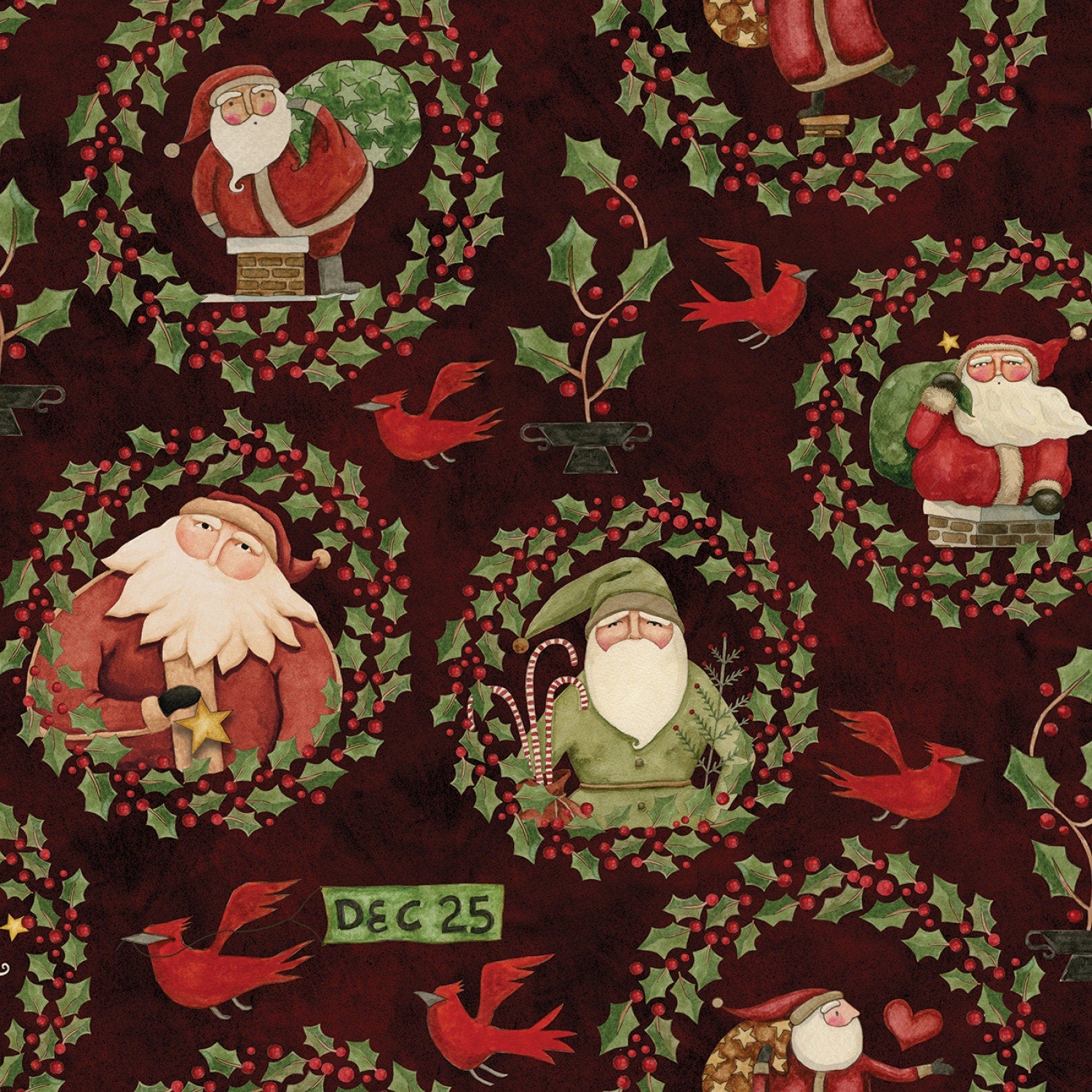 Up on the Housetop by Teresa Kogut Santa Holly Dark Cranberry Christmas # C14731R-DKCRANBERRY