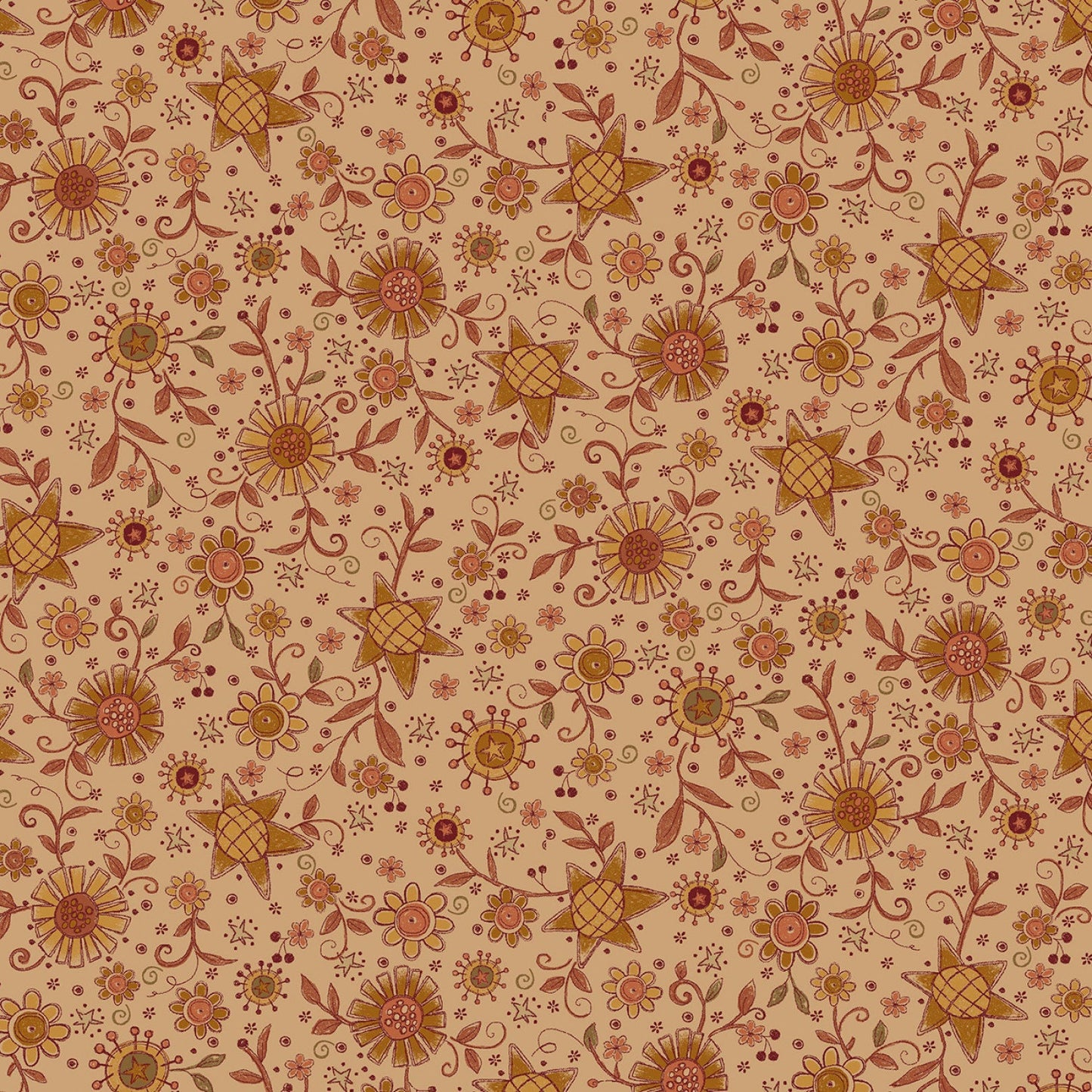 Oak & Maple by Janet Nesbitt Tan Stars Flowers Toss # 3292-33