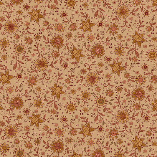 Oak & Maple by Janet Nesbitt Tan Stars Flowers Toss # 3292-33