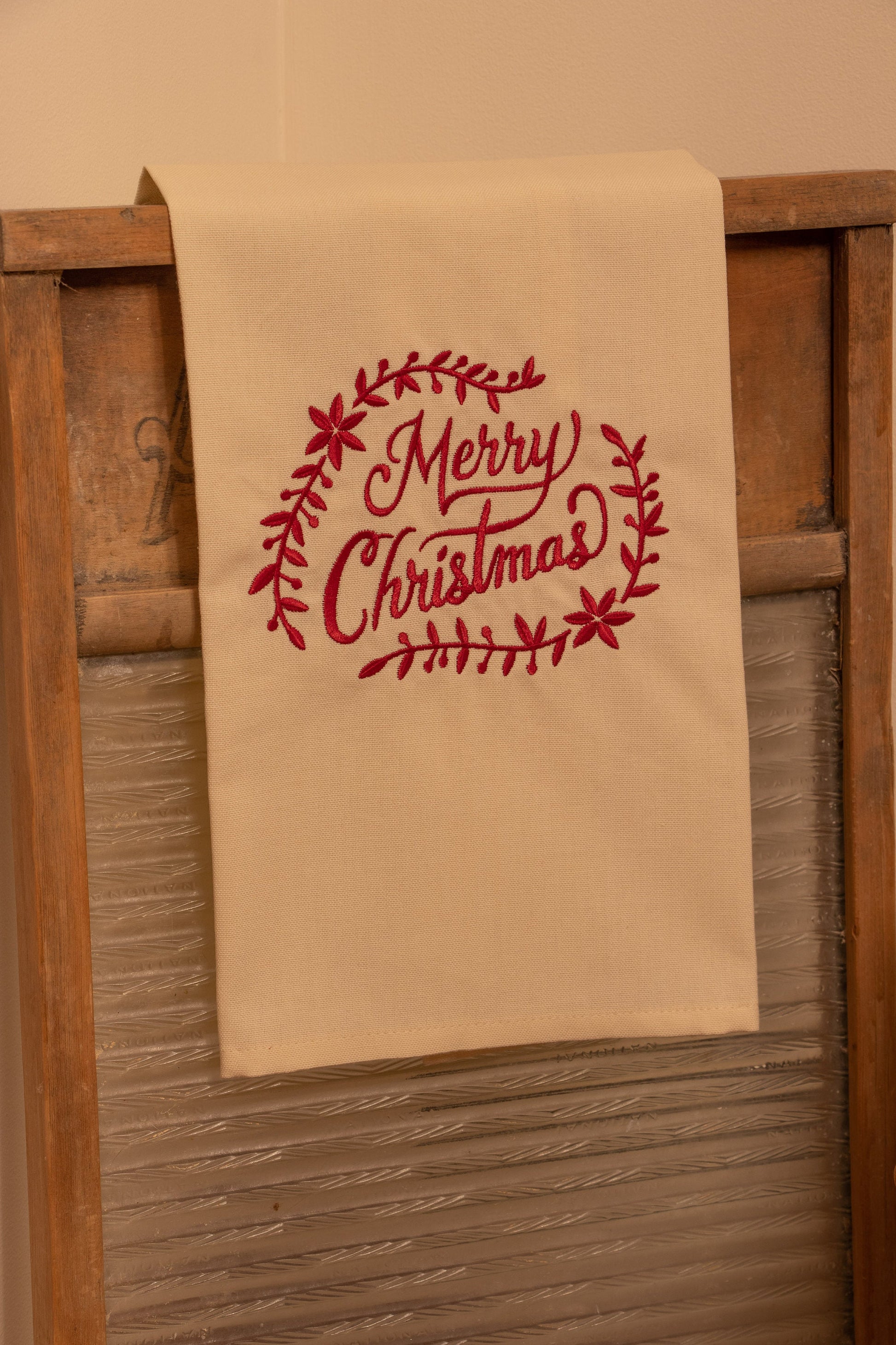 Primitive Farmhouse Embroidered Christmas Towel Item  #1002