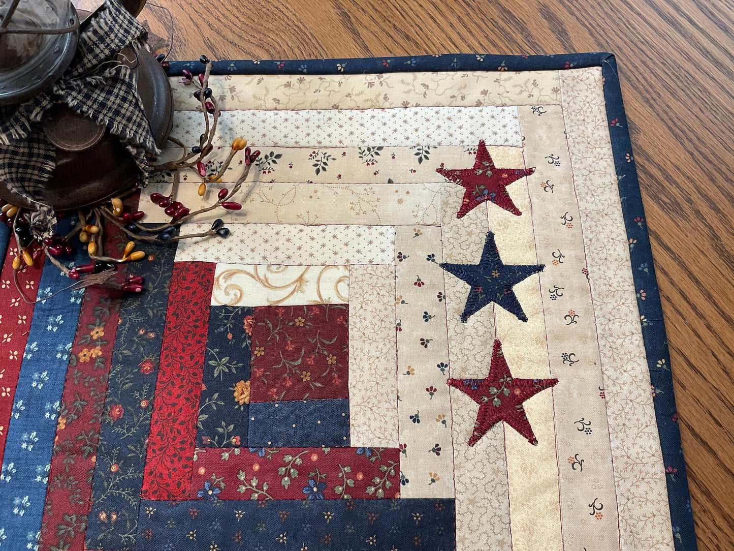 Primitive Farmhouse  Patriotic Log Cabin Table Topper Item #1697