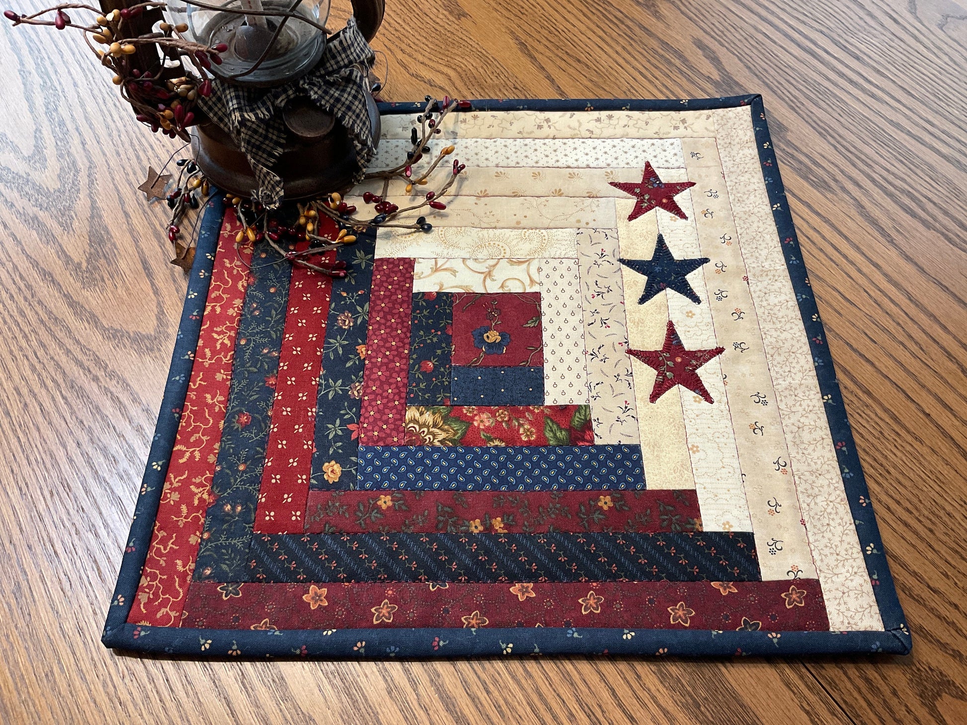 Primitive Farmhouse  Patriotic Log Cabin Table Topper Item #1699