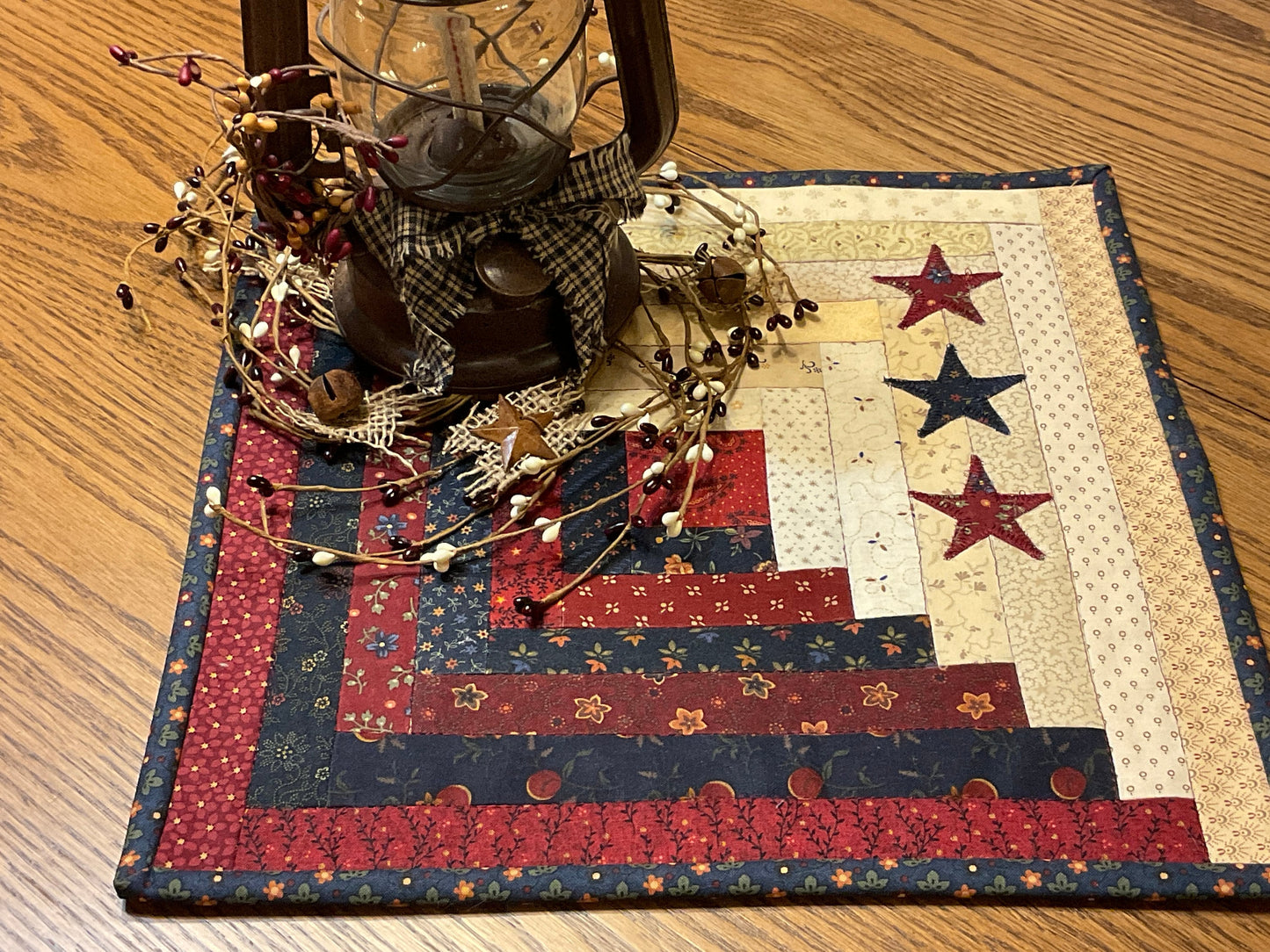 Primitive Farmhouse  Patriotic Log Cabin Table Topper Item #1707